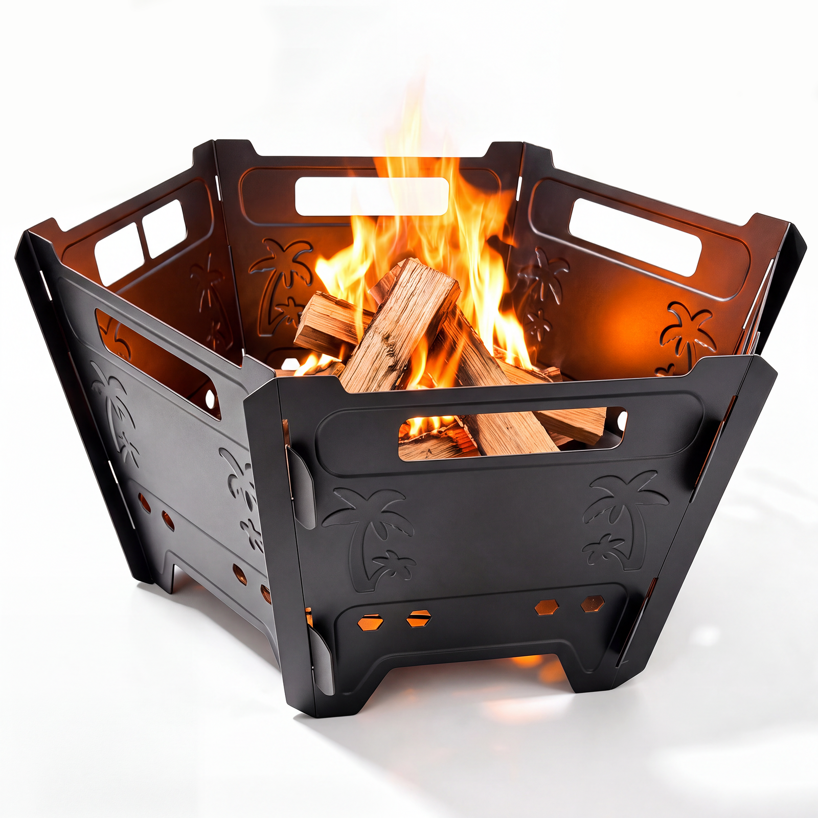 Portable Fire Pit, Flat Pack Hexagon Camping Wood Burner, 360 Airflow Backyard Patio Heater, Collapsible Steel BBQ Firepit with Carry Bag