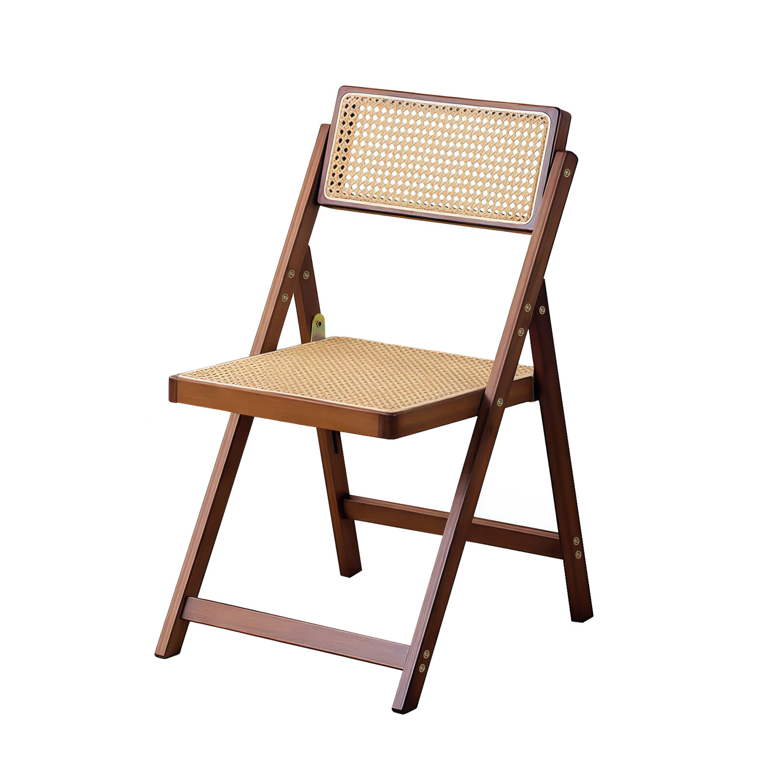 1x Foldable Bamboo Wooden Brown Chair with Rattan Seat & Backrest, Lightweight & Portable Design Dining Chair