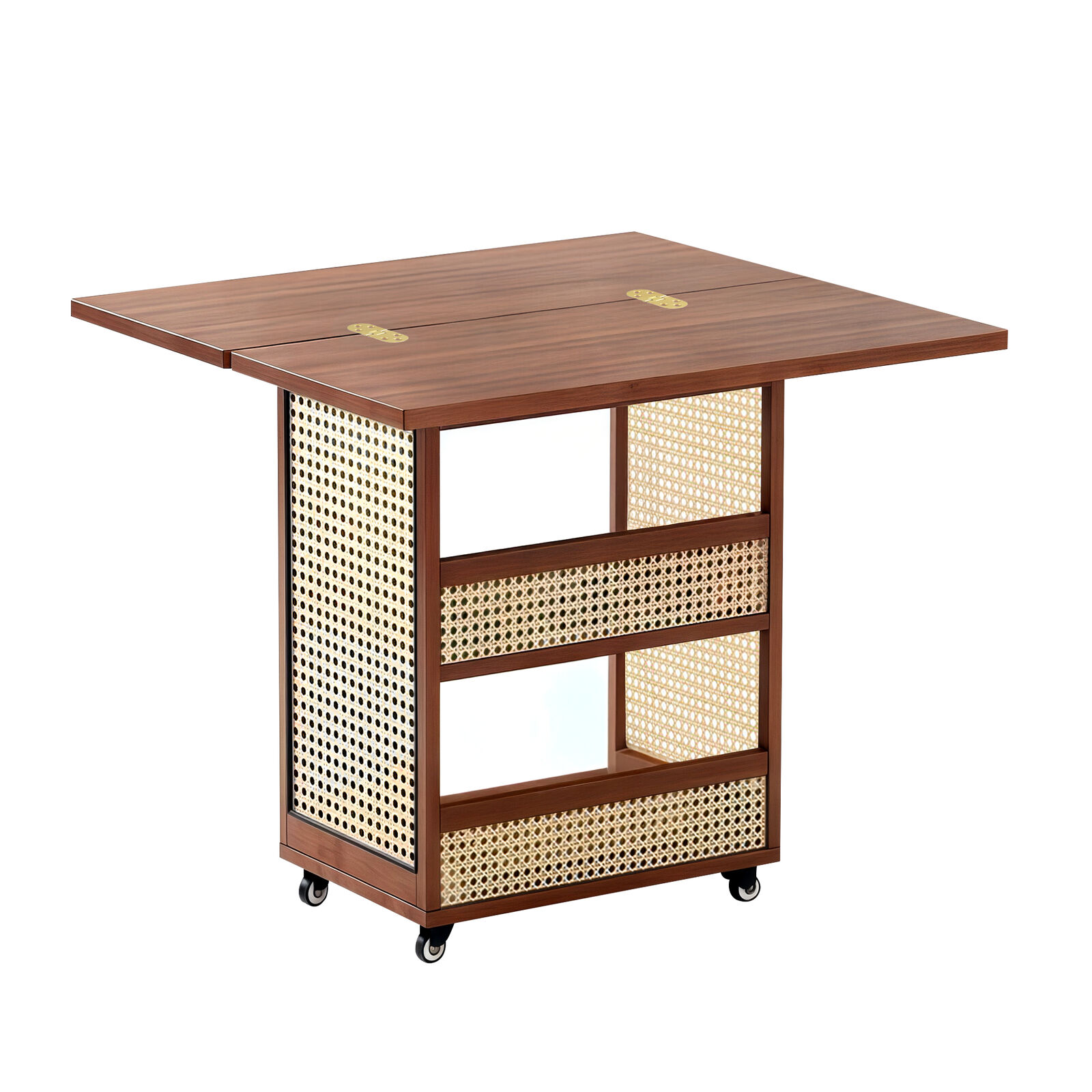 Folding Bamboo Wood Kitchen Table w/ Storage Shelves, Rolling Space-Saving Side Table w/ Rattan Style Panels, Multifunctional Mobile End Table