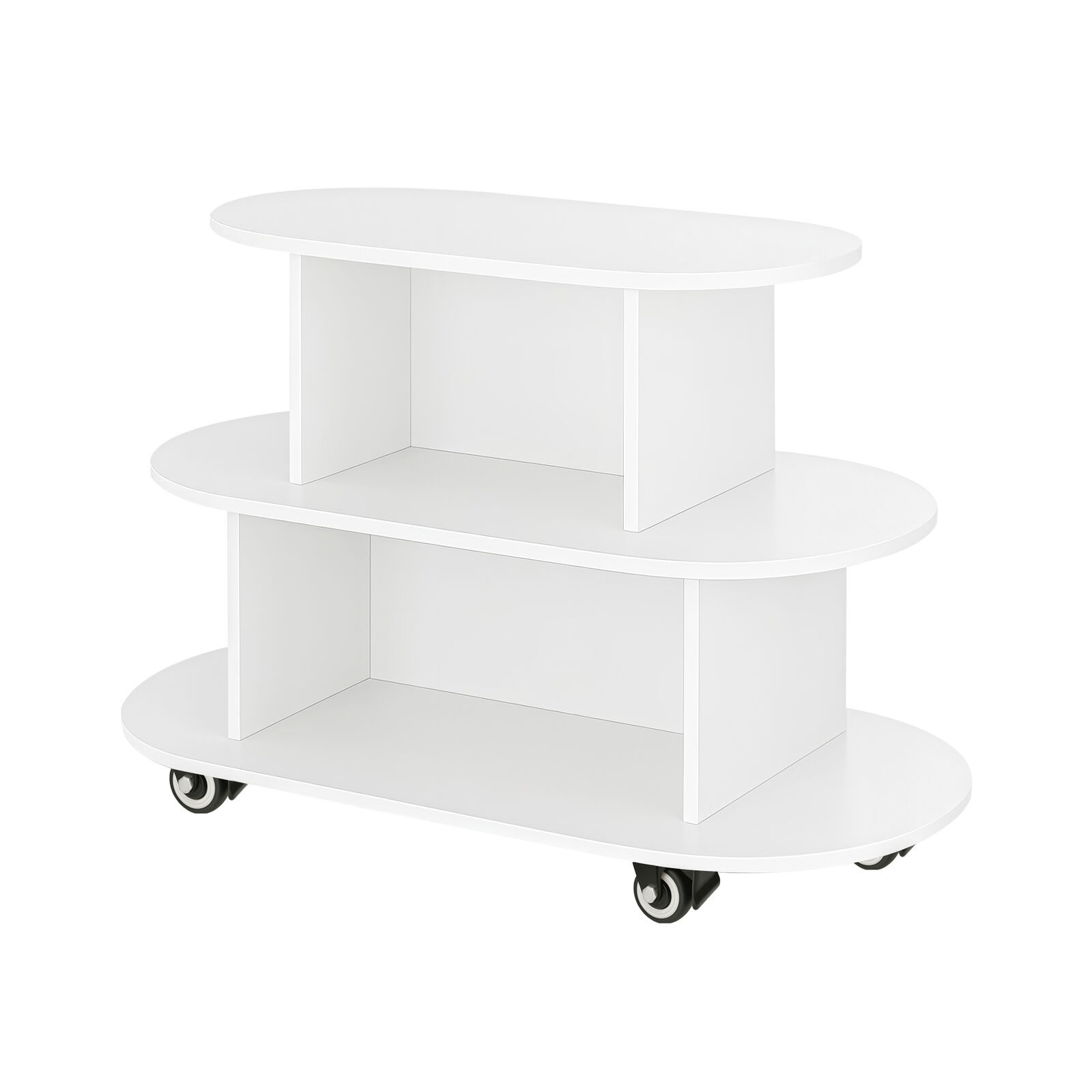 3-Tier Oval Display Shelf Organizer Rack Sectioned Shelving 360° Rotation Lockable Wheels for Kitchen Retail Salons Office or Home Use