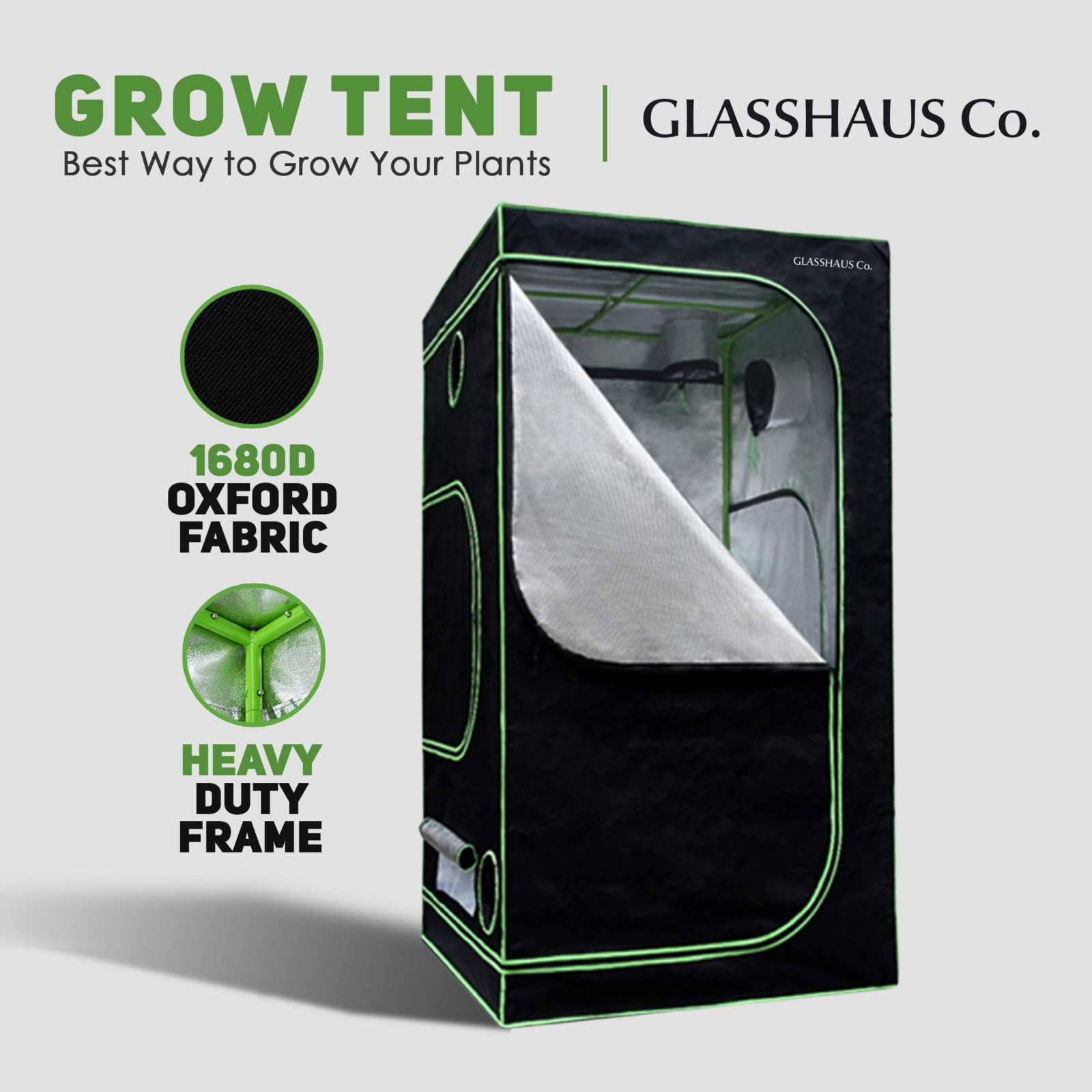 Glasshaus Grow Tent Kits Hydroponic Indoor Grow System Plant Real 1680D Oxford Size A: 60x60x140cm