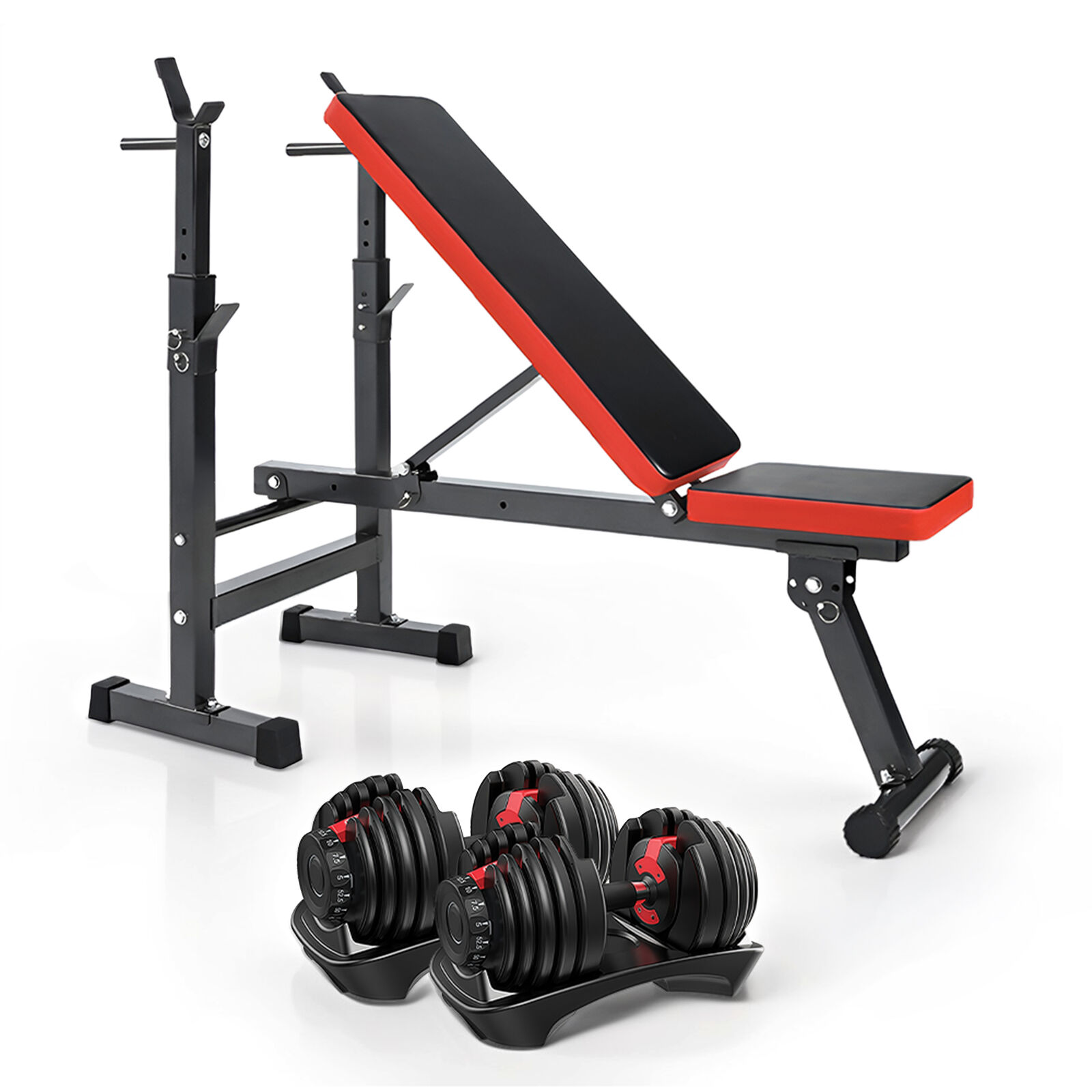 2x 24kg Adjustable Dumbbell Set (Red) with Weight Bench