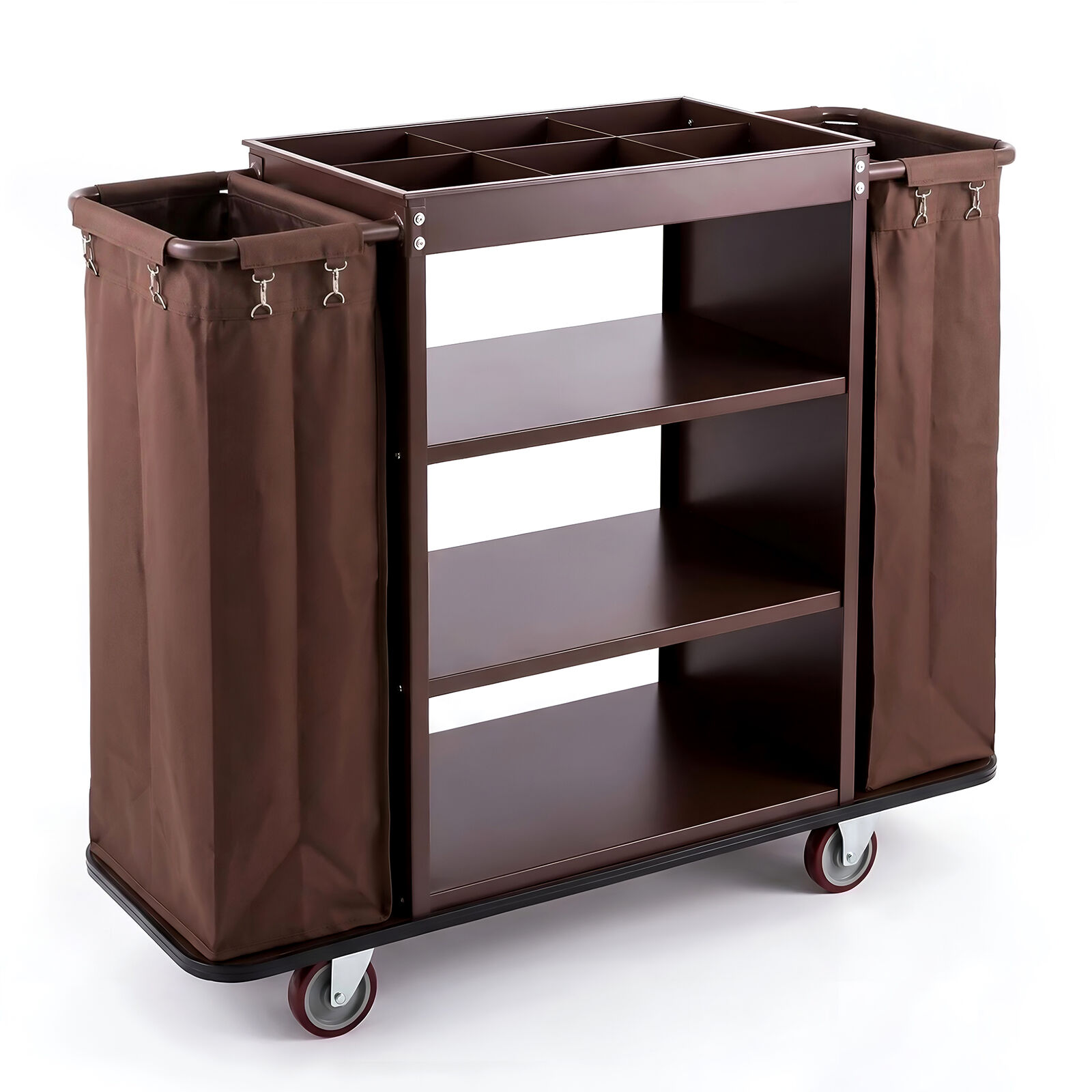 Housekeeping Trolley with 3-Tier Shelves, 300L Janitorial Cart for Hotels, 120kg Load Metal Room Service Trolley with 5" Silent Wheels & Waterproof Ba
