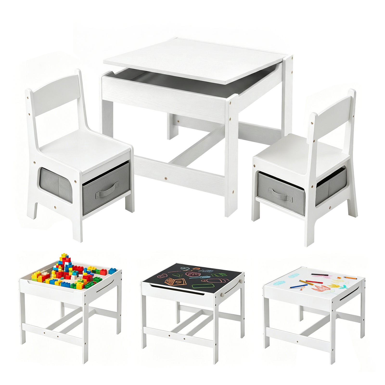 Kids Activity Table & Chair Set, 4-in-1 Wooden Sensory White 3-Pcs Child/Toddler Indoor Play w/ Chalkboard Drawing Desk & Toys Storage Box