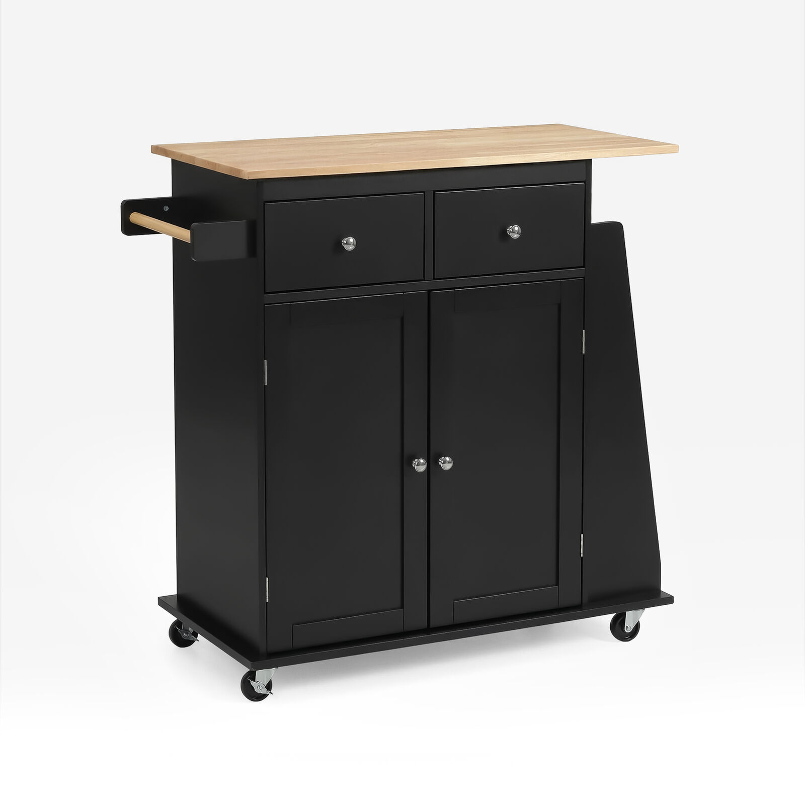 Black Rolling Kitchen Island Trolley | 2 Door Cabinet Mobile Cart | Storage Drawers, Towel Bars & Lockable Caster Wheels for Kitchen & Dining