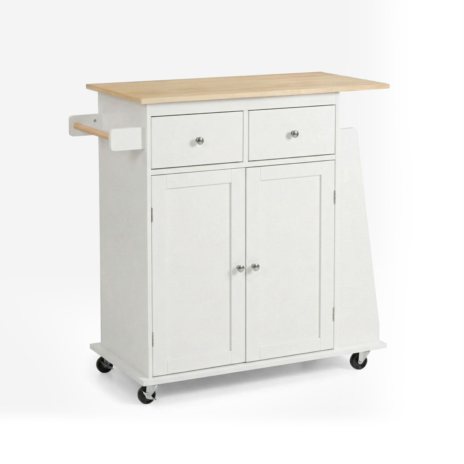 White Rolling Kitchen Island Trolley | 2 Door Cabinet Mobile Cart | Storage Drawers, Towel Bars & Lockable Caster Wheels for Kitchen & Dining