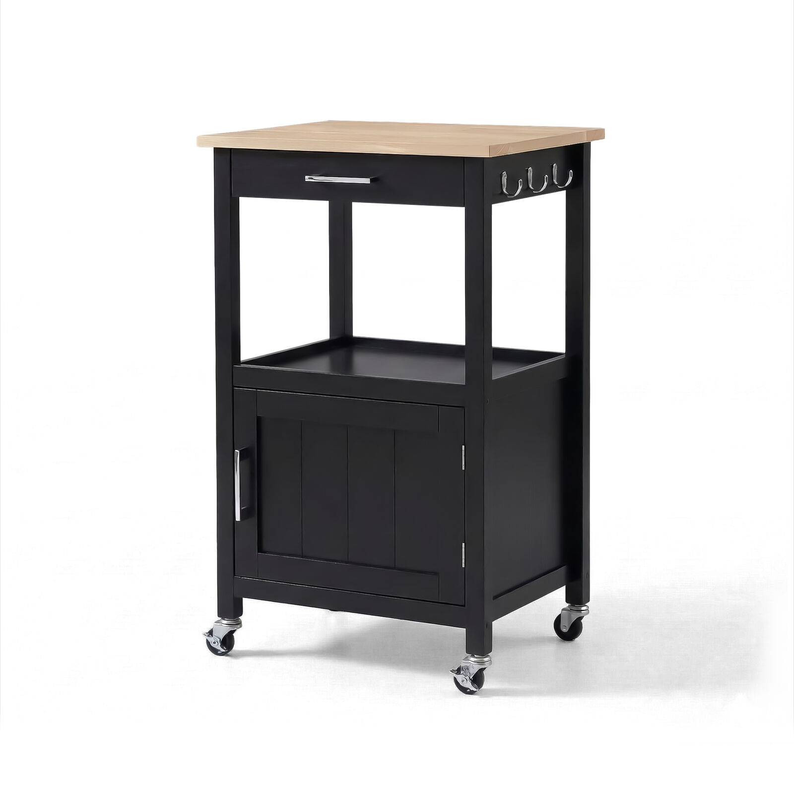Black Rolling Kitchen Island Trolley | Space-Saving Mobile Cart | Storage Drawer, Cabinet, Side Hooks & Wheels for Kitchen & Dining