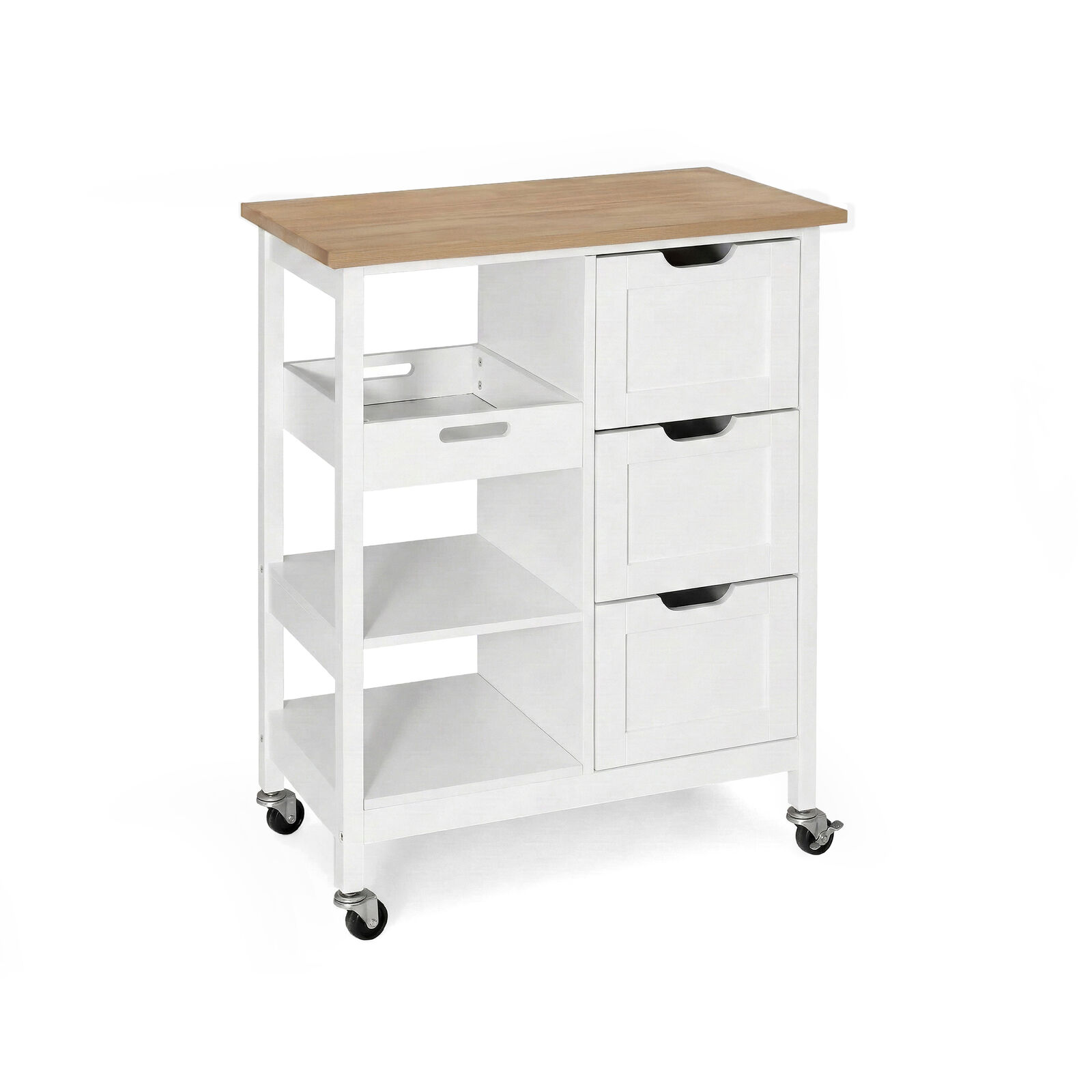 White Rolling Kitchen Island Trolley | Space-Saving Mobile Kitchen Cart | 3 Drawers, Shelves & Lockable Caster Wheels for Kitchen & Dining Room