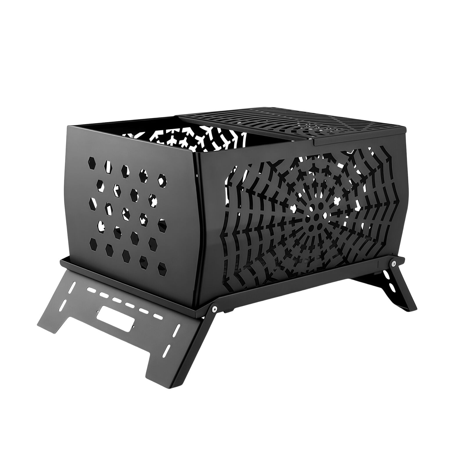 Portable Outdoor Wood Burning Camping Stove Gas & BBQ Grill Carbon Steel Firepit w/ Foldable Legs & Weather-Resistant Coating
