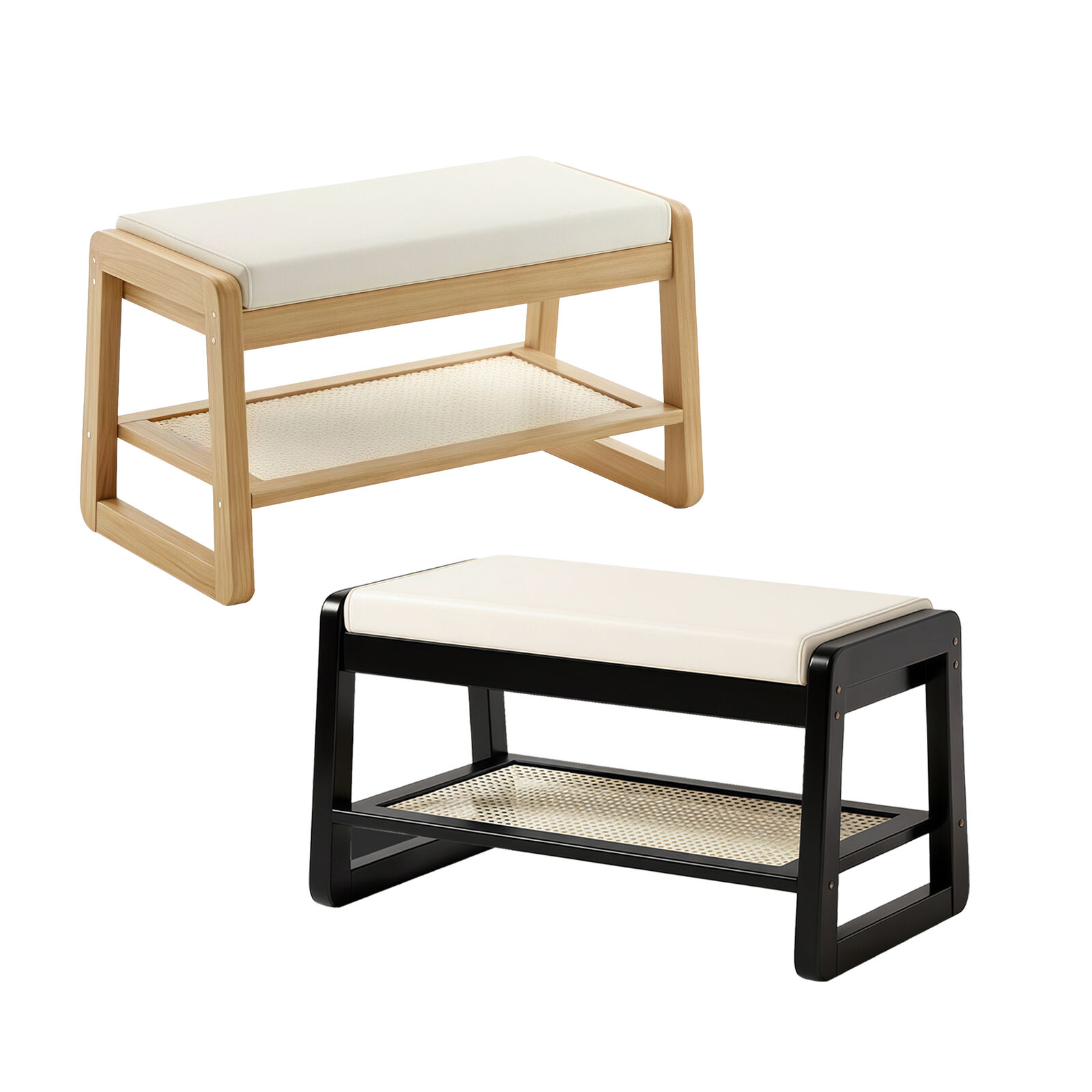 Modern Black/White Shoe Bench w/ Cushion Seat, 2-tier Stylish Wooden Bamboo Shoe Rack Storage Cabinet Bench Organiser Storage Cupboard Shelf