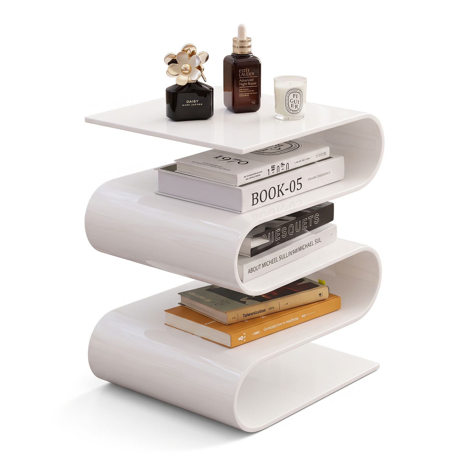 White Acrylic Side Table with Book Display Shelf Design | Modern Wave End Table & Magazine Rack for Living Room