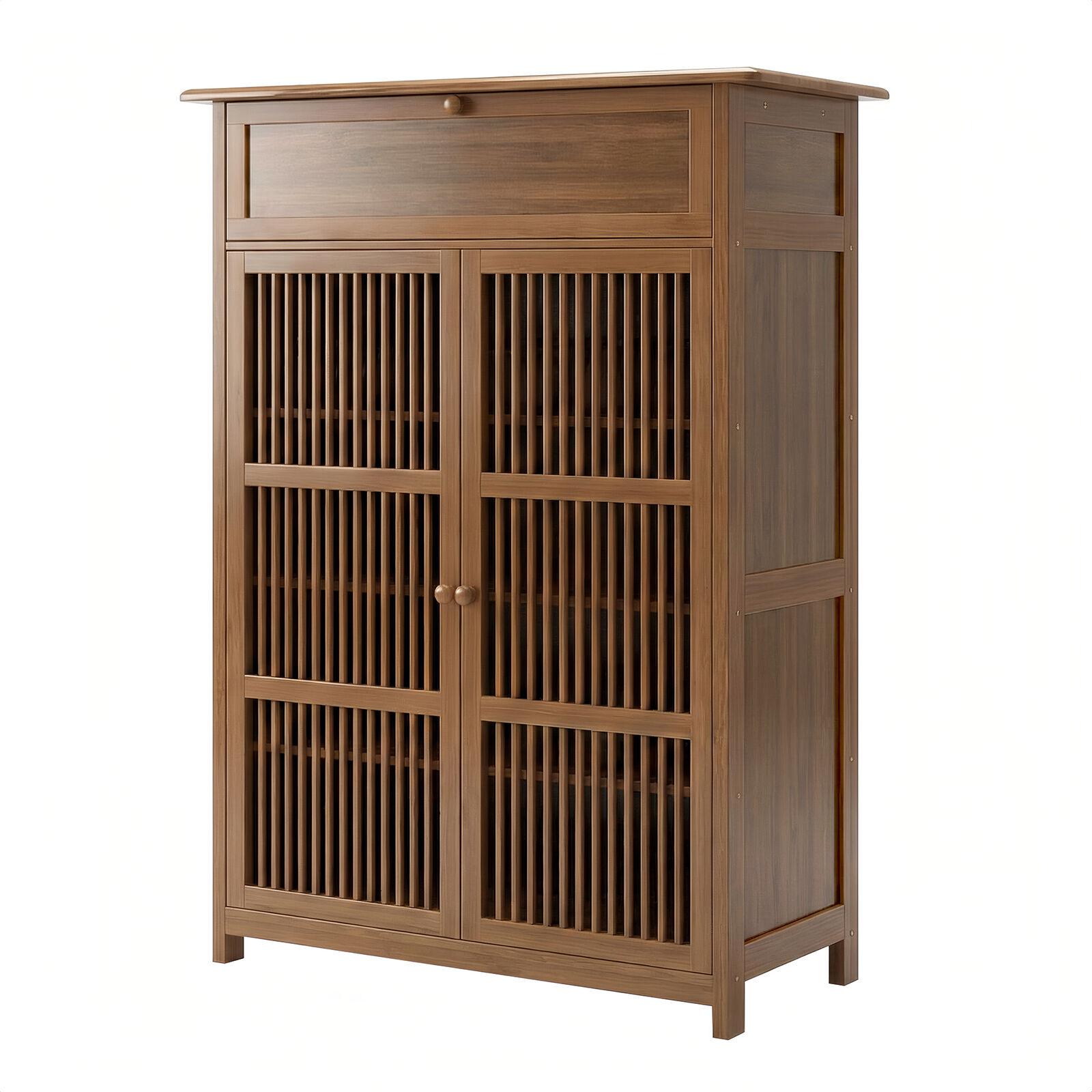 Bamboo Wood Shoe Storage Cabinet | 2- Door, 4 Tier Shoe Rack | Slatted Doors, Top Drawer, Large Upper Shelf | Space-Saving Entryway Design