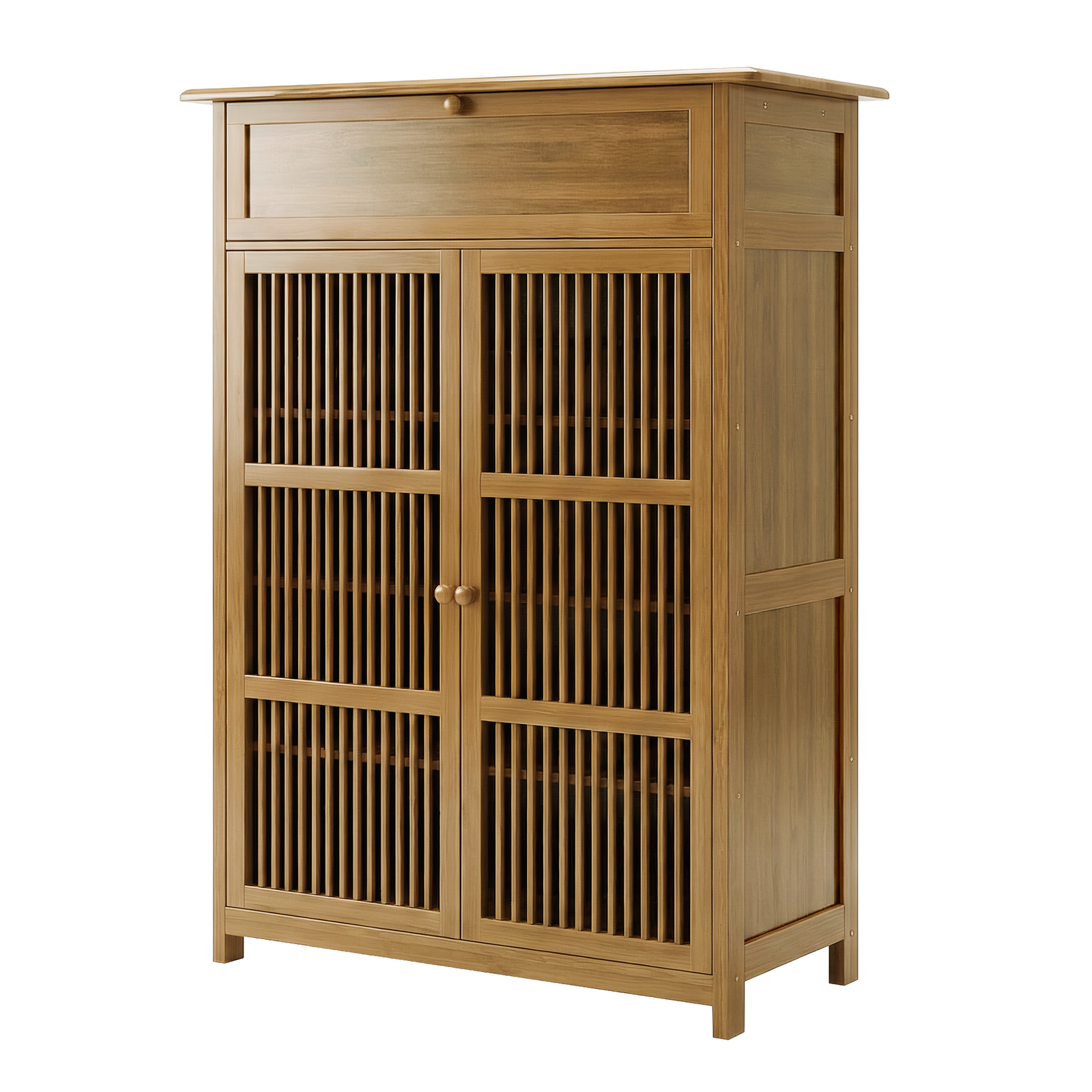 Bamboo Wood Shoe Storage Cabinet | 2- Door, 4 Tier Shoe Rack | Slatted Doors, Large Upper Shelf | Space-Saving Entryway Design