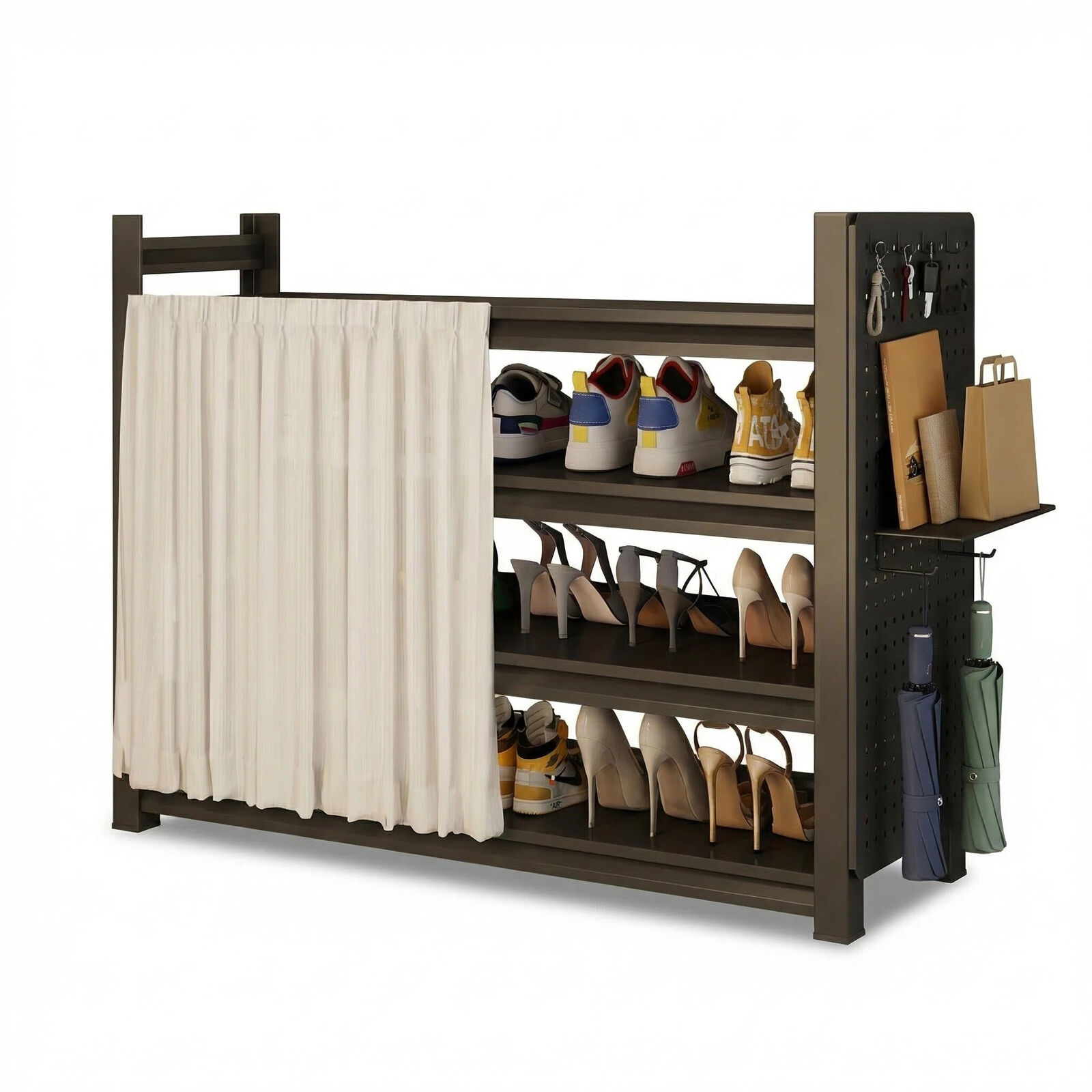 Black 4-Tier Carbon Steel Shoe Rack Organiser | With Dustproof Curtain & Pegboard | 100cm Wide | Large Capacity Storage | Adjustable Shelves