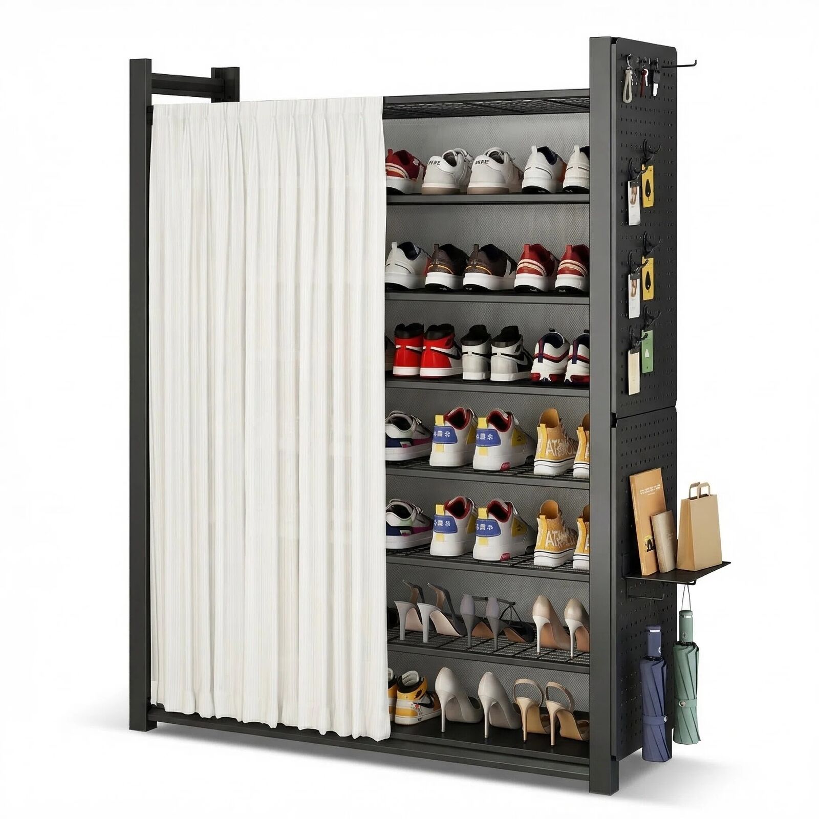 Black 8-Tier Carbon Steel Shoe Rack Organiser | With Dustproof Curtain & Pegboard | 100cm Wide, Tall | Extra Large Storage | Adjustable Shelves
