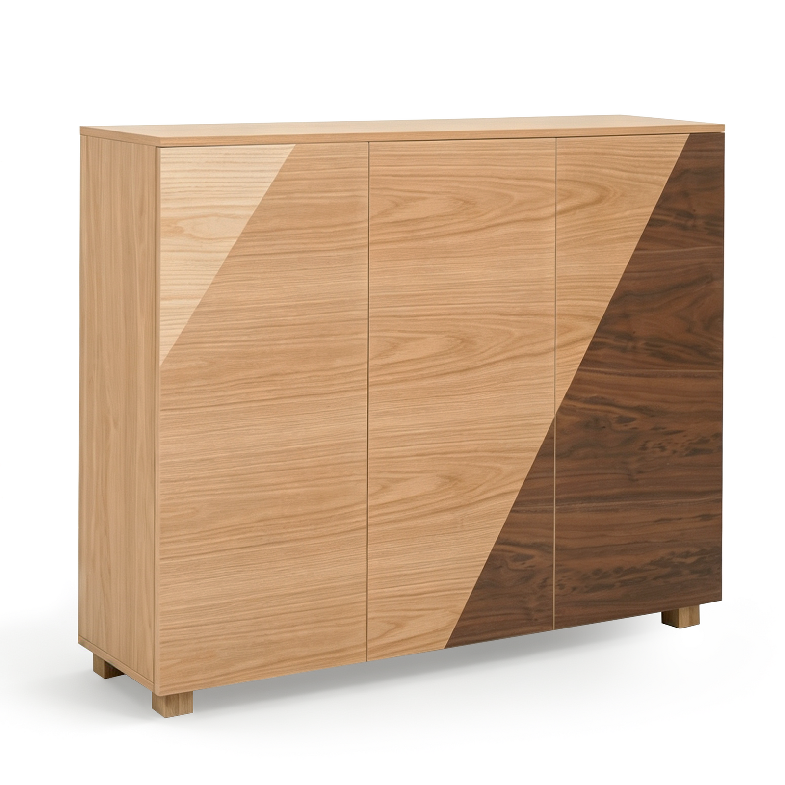 Solid Oak Veneer Shoe Rack Storage Cabinet with Handle-Free Push-to-Open 3-Door - Geometric Natural Oak