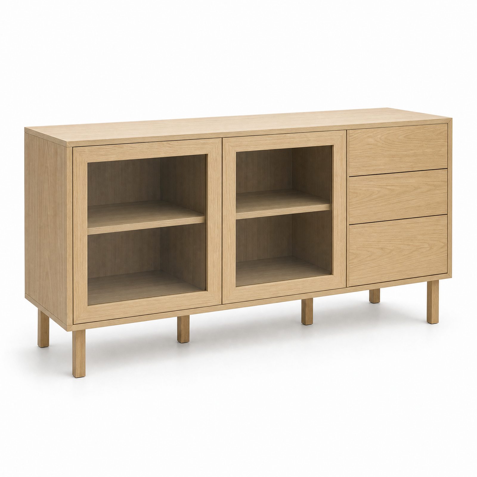 Solid Oak Veneer Sideboard Storage Cabinet with Tempered Glass Doors, Handle-Free Push-to-Open, Storage Cabinet for Living Room - 150cm