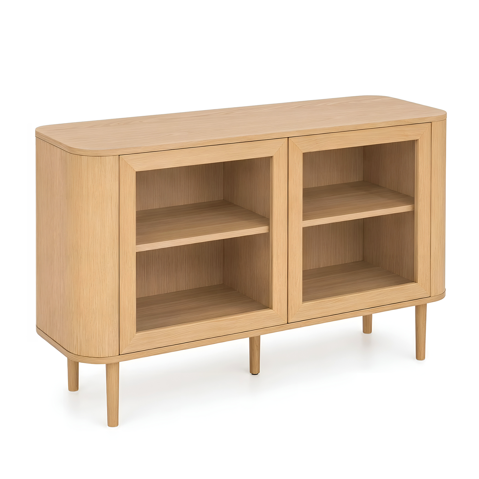 Solid Oak Veneer Sideboard Storage Cabinet with Tempered Glass Doors, Handle-Free Push-to-Open, Storage Cabinet - 130cm