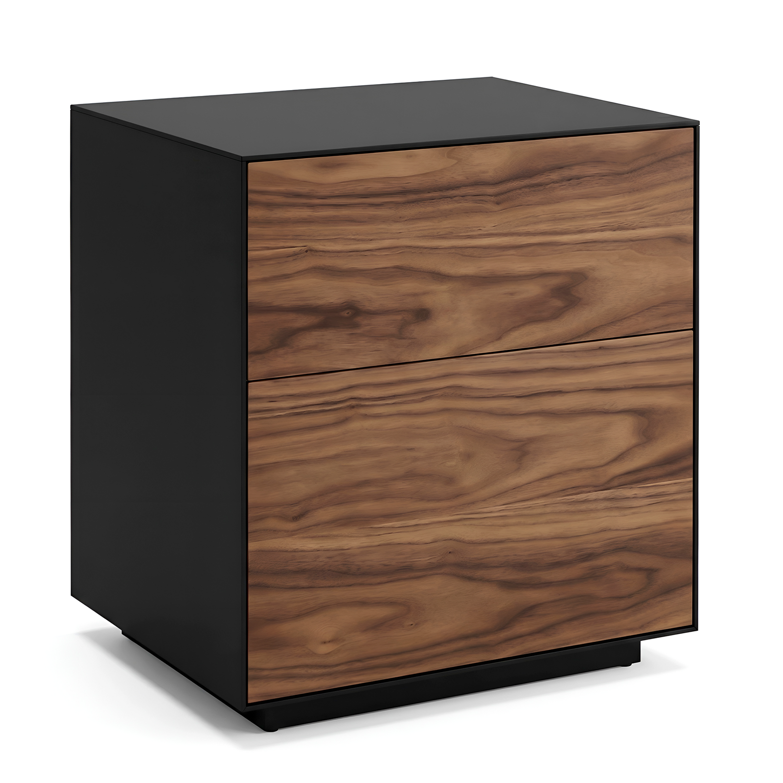 Walnut Veneer 2 Drawer Bedside Table, Handle-Free Push-to-Open Nightstand, Wooden Bedside Cabinet with Black Frame & Walnut Finish