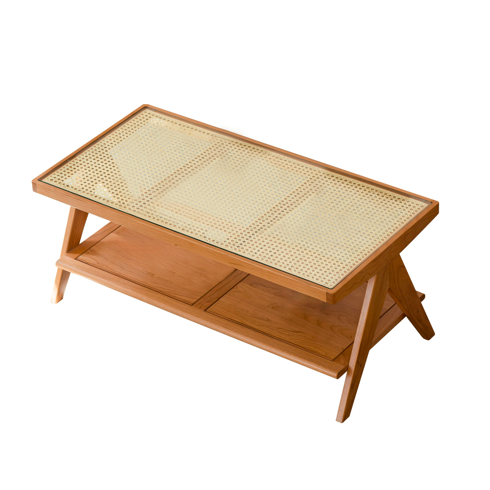 American Cherry Wood Coffee Table Modern Wooden Tables, Rattan Top Center Table For Living Room