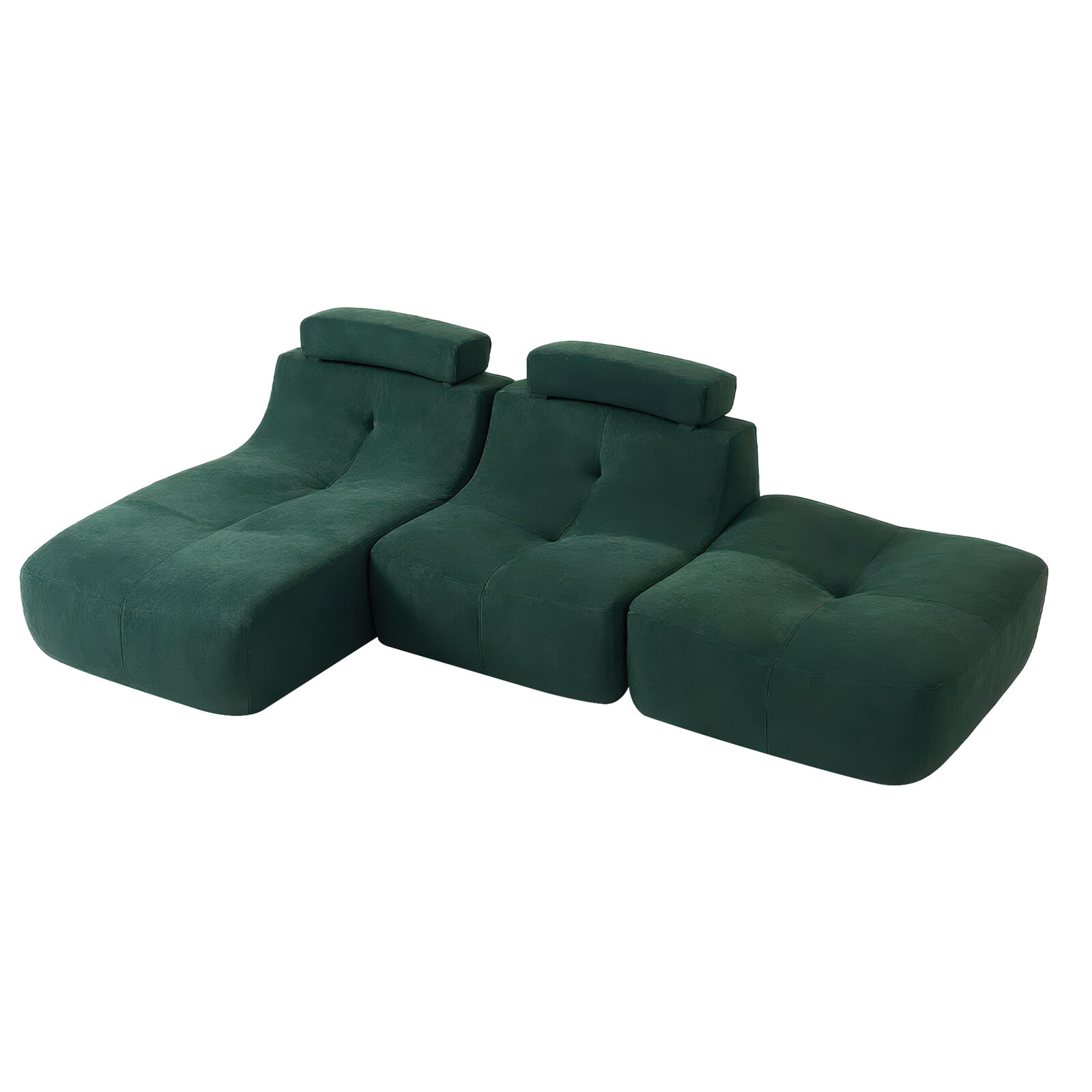 3PC Ergonomic Modular Lounge Sofa Set,1-3 Seater Forrest Green Accent Sofa,Ottoman, Chaise, Armless Chair, High-Density Foam & Built-in Headrests