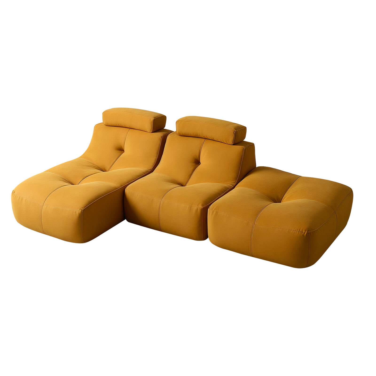 3PC Ergonomic Modular Lounge Sofa Set,1-3 Seater Yellow Mustard Accent Sofa,Ottoman, Chaise, Armless Chair, High-Density Foam & Built-in Headrest