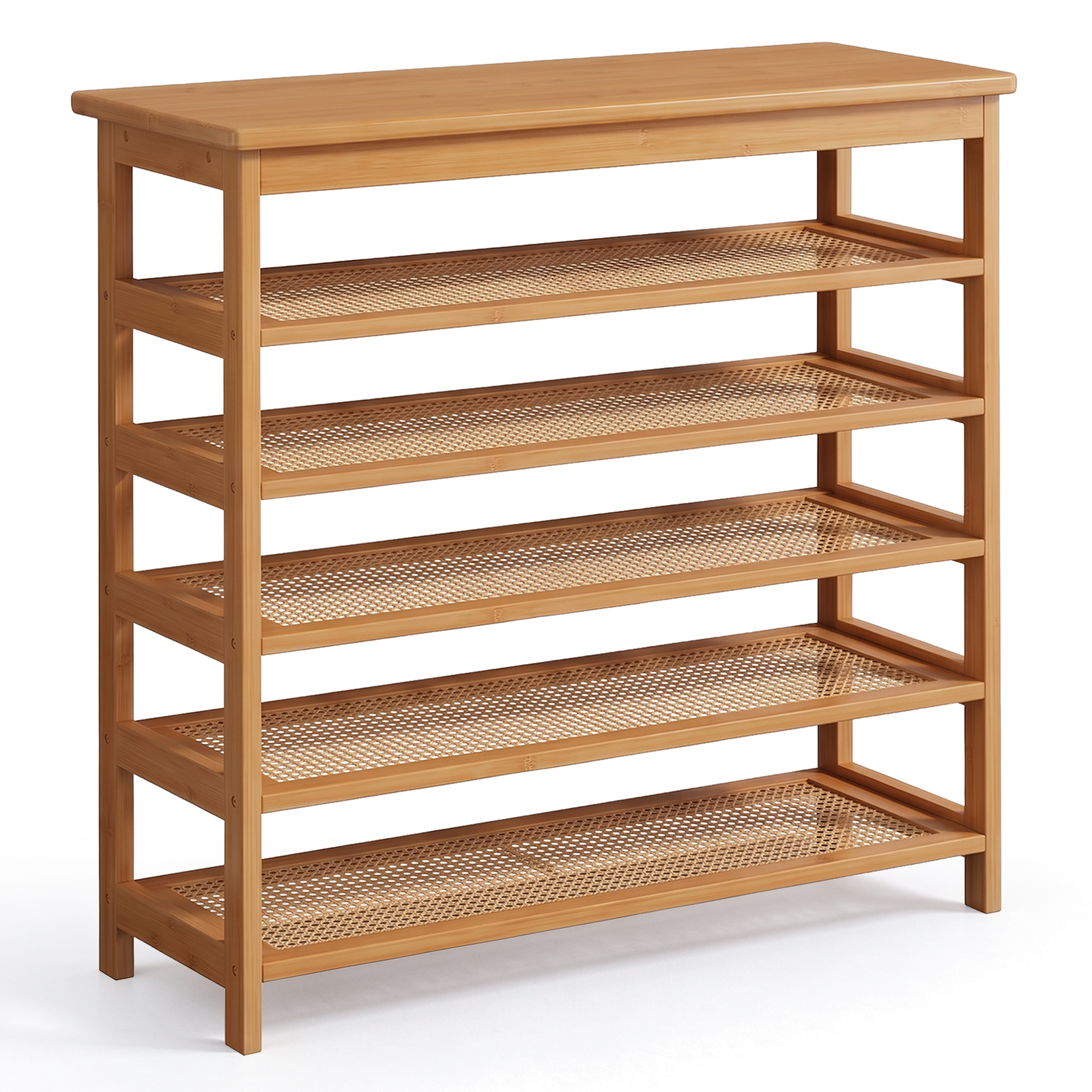 6-Tier Bamboo Shoe Rack Organiser, Shoe Storage Cabinet with PE Rattan Mesh Panels