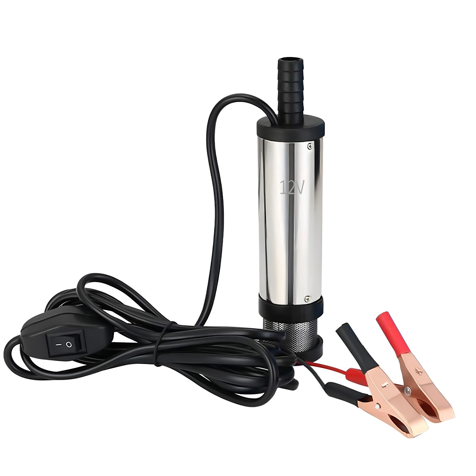 12V Portable Submersible Fuel Water Transfer Pump Full Kit w/ Battery Clips Clear Hose Nozzle for Cars Boats RV Caravan Diesel Oil Water Use