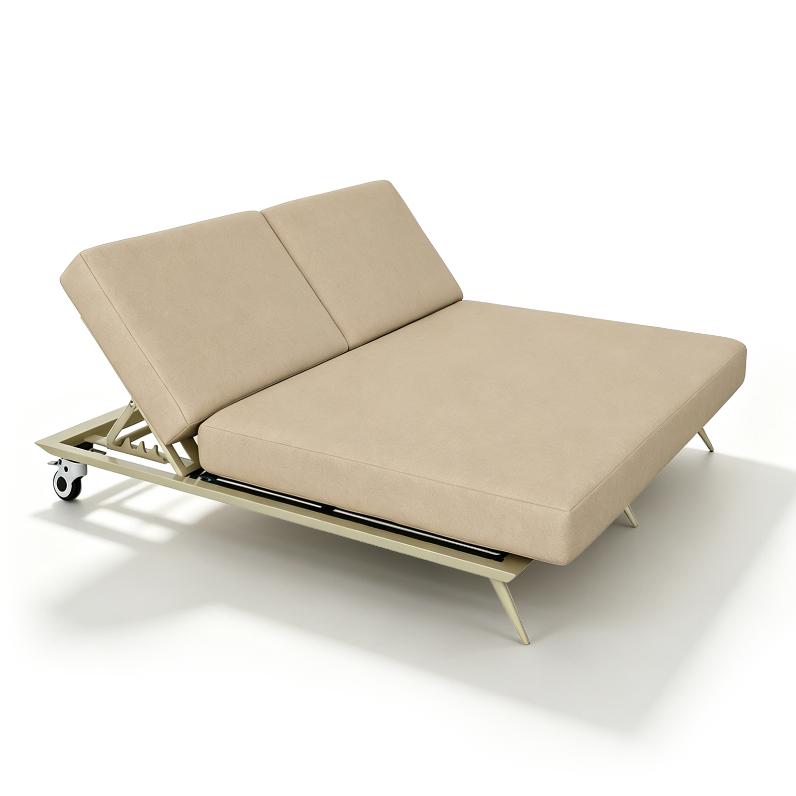 Nordhavn Double Light Brown Reclining Sun Lounger, Outdoor Folding Sunbed, Sofa Day Bed, Lightweight Frame w/ Wheels Outdoor Furniture