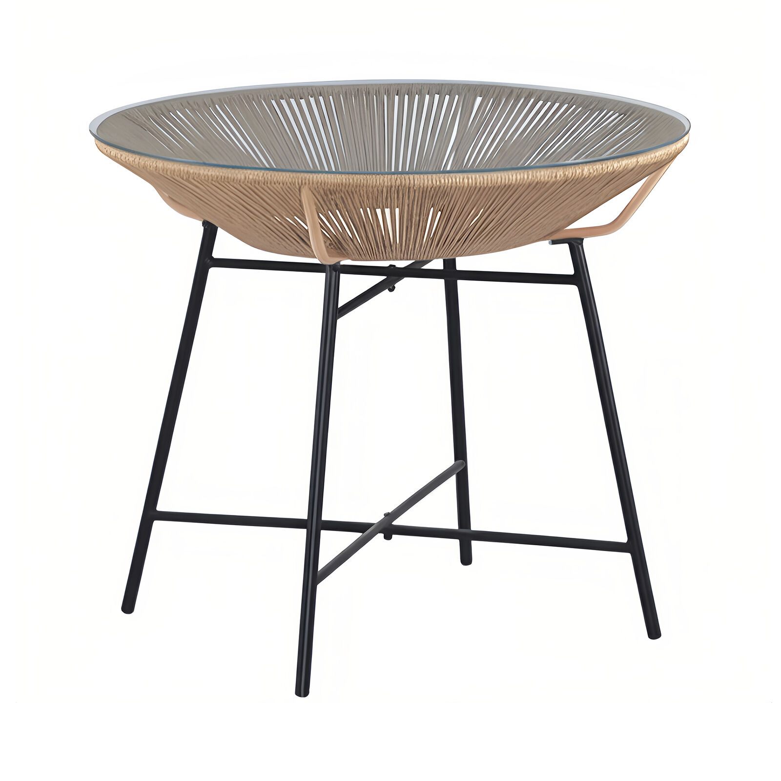 Acapulco Replica Accent Table Mid Century Wicker Round Side Table Dining Table with Tempered Glass UV Cord Steel Frame for Indoor Outdoor Use