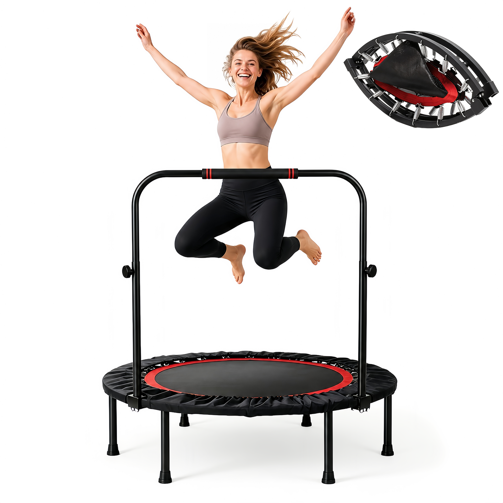 48" Mini Trampoline with Handrail Foldable Fitness Trainer Rebounder