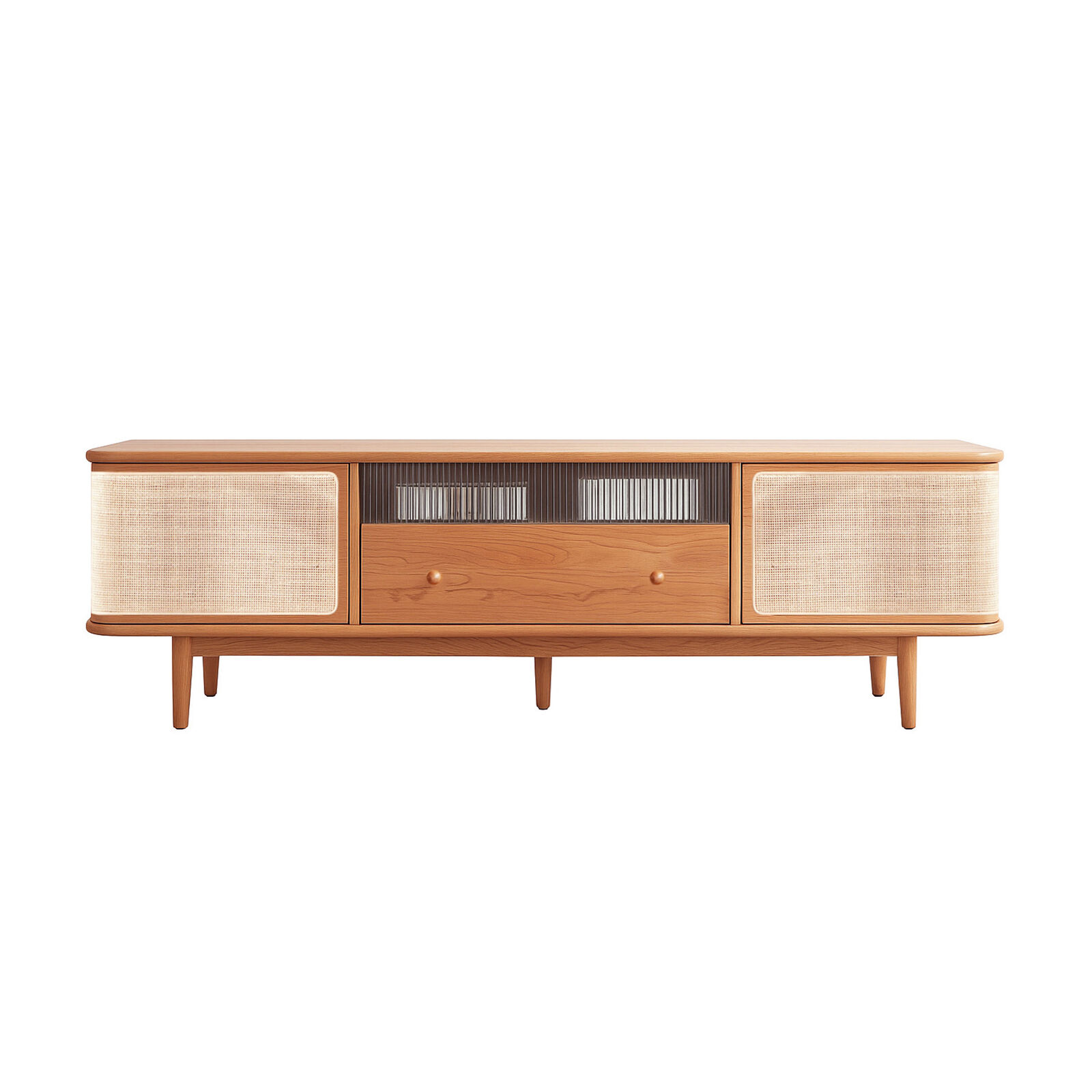 TV Cabinet American Oak Solid Wood Entertainment Unit Console with Rattan Style Doors Storage Shelves for Living Room Bedroom Apartment
