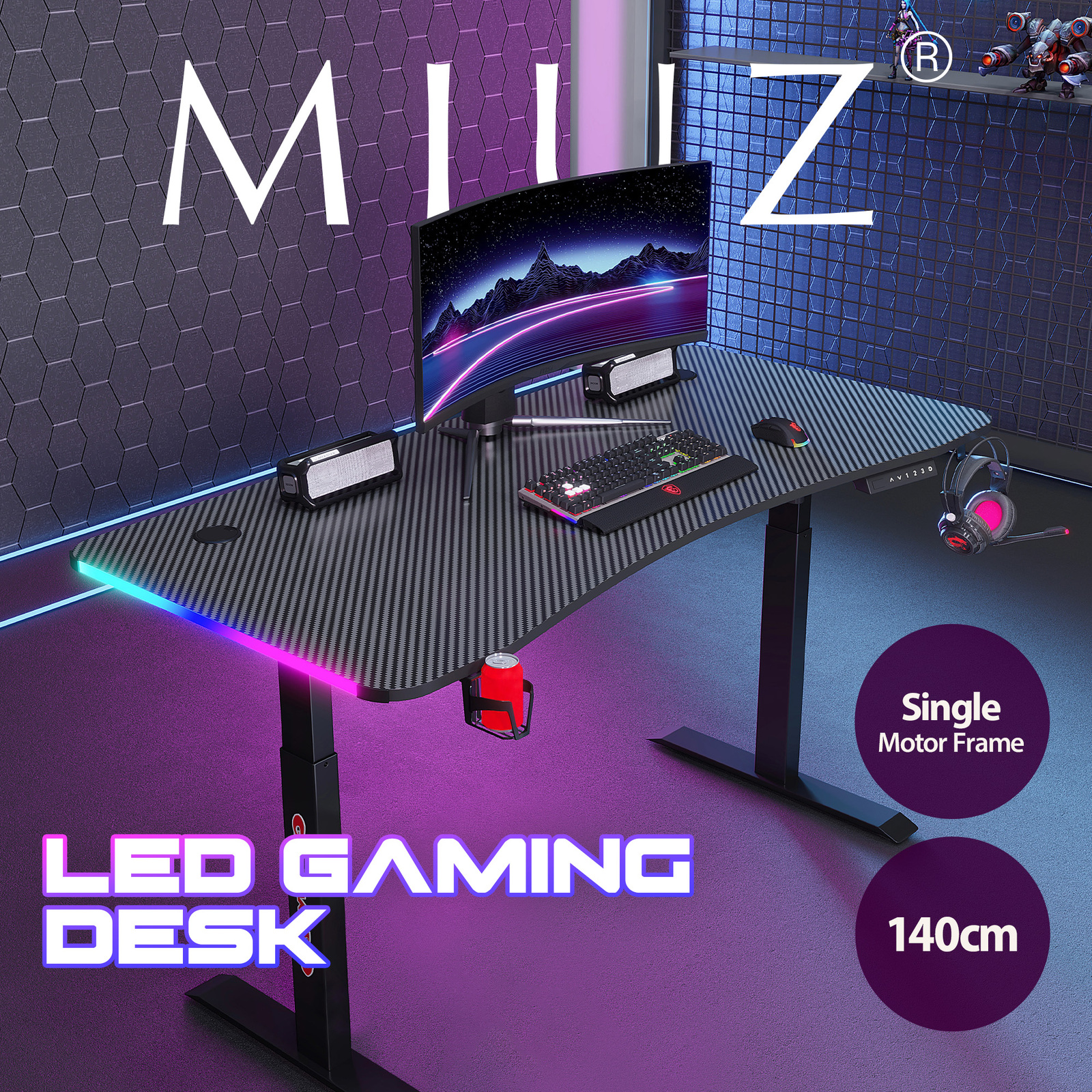 120cm Large Adjustable RGB Gaming Desk Computer Table with LED Lights Cup  Holder