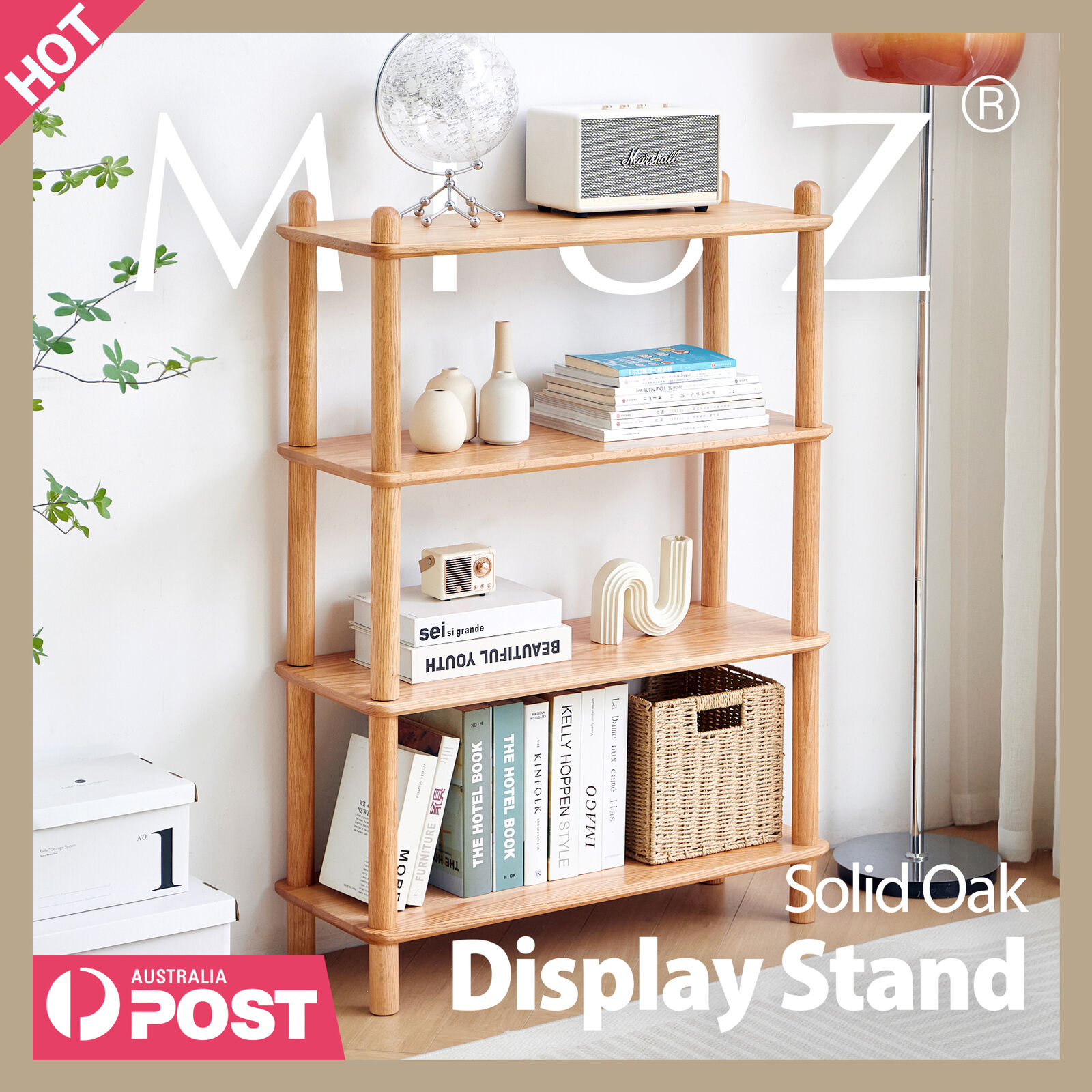 MIUZ 4-Tier Solid American Oak Display Stand, Natural Wooden Storage ...