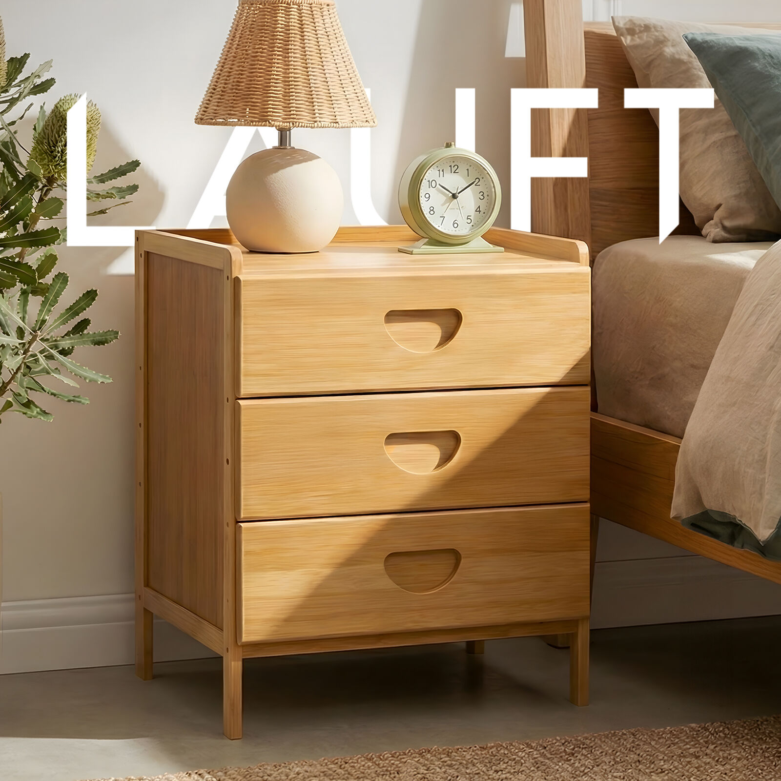 Natural Bamboo Wooden 3-Drawer Bedside Table, Chest Cabinet End Side Table, Modern Nightstand w/ Curved Handles, Elegant Entryway Organizer