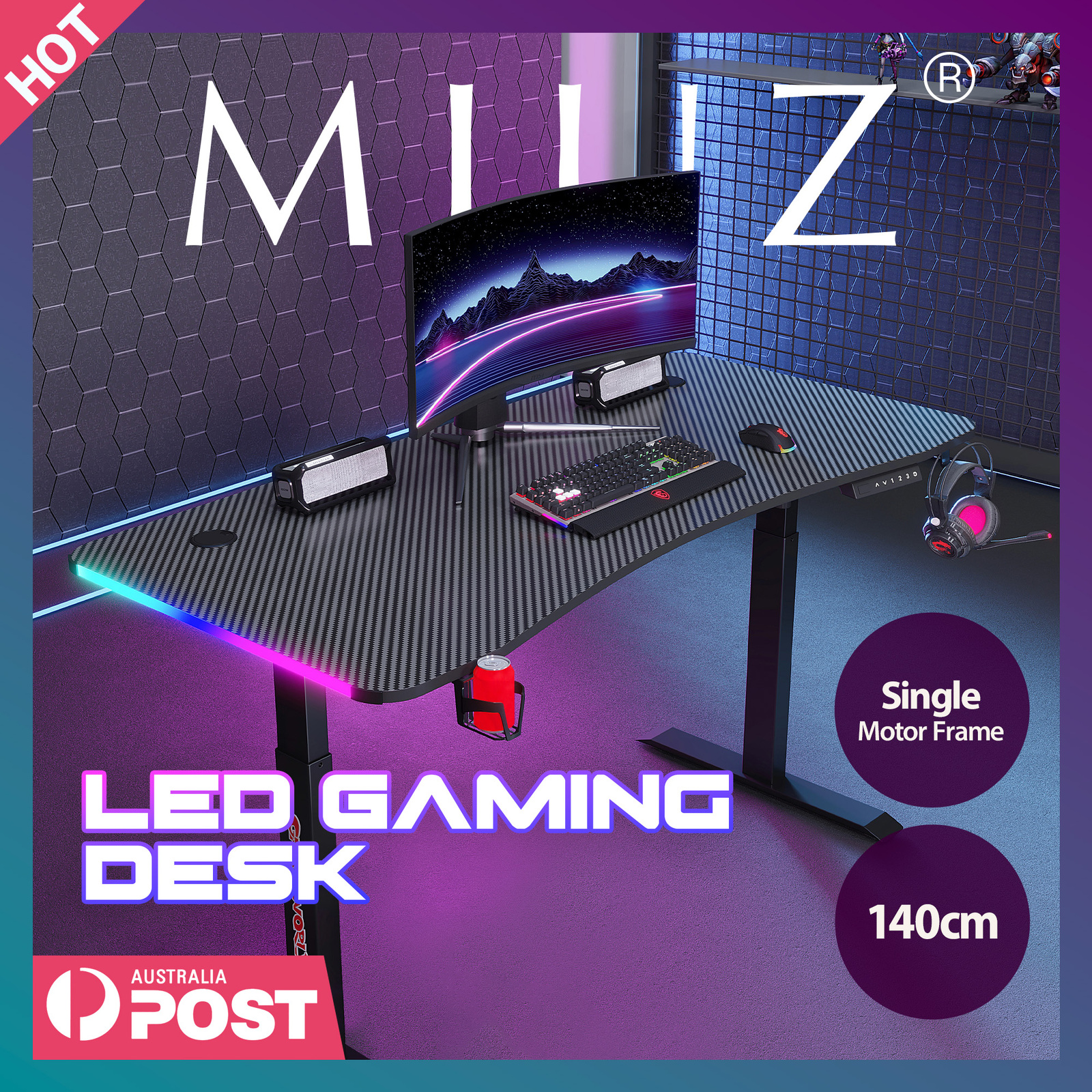 MIUZ 140cm RGB LED Gaming Desk Single Motor Frame Leg with Cup and ...