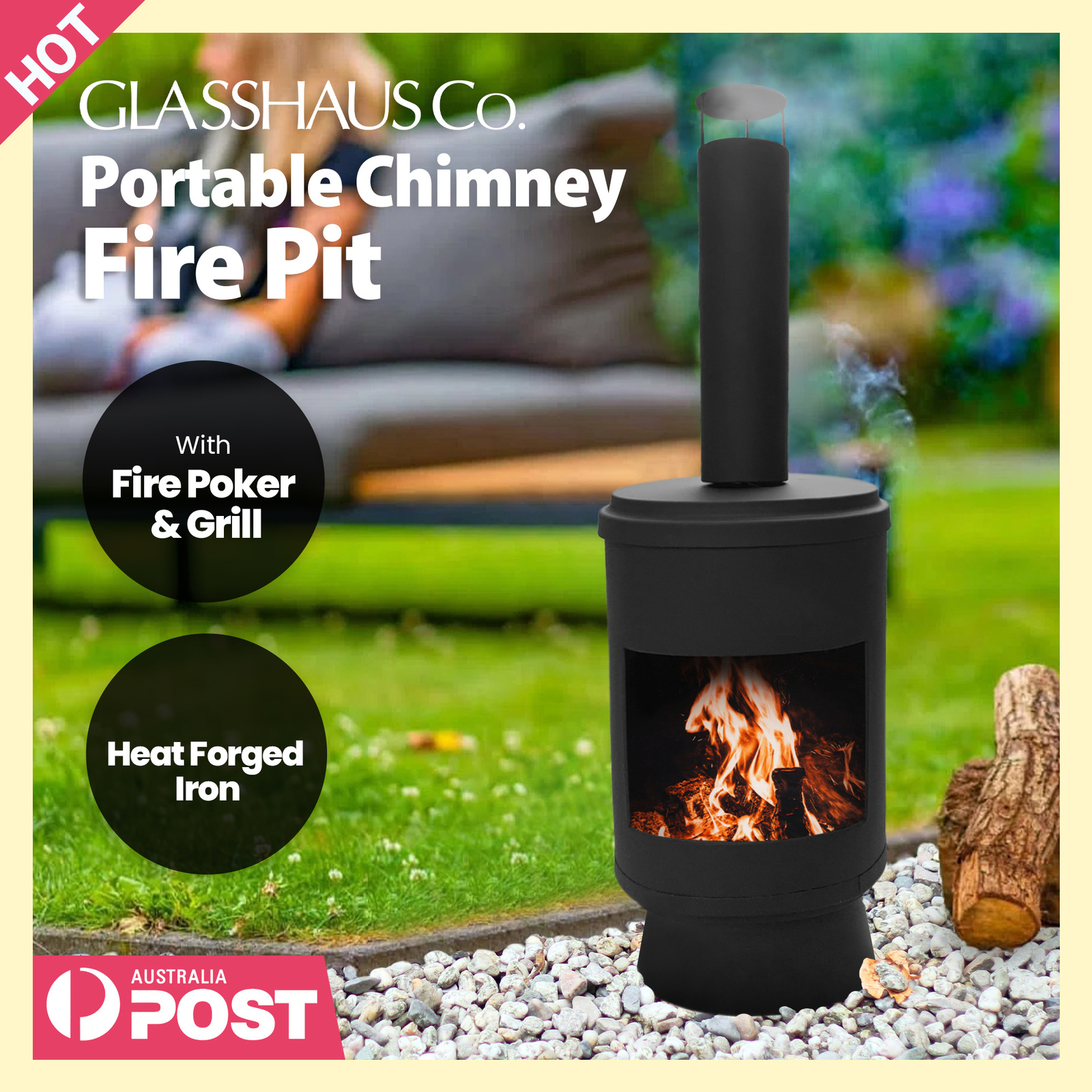 Glasshaus Co. Fire Pit Chimney Fireplace Outdoor Camping Portable Patio Heater 105cm