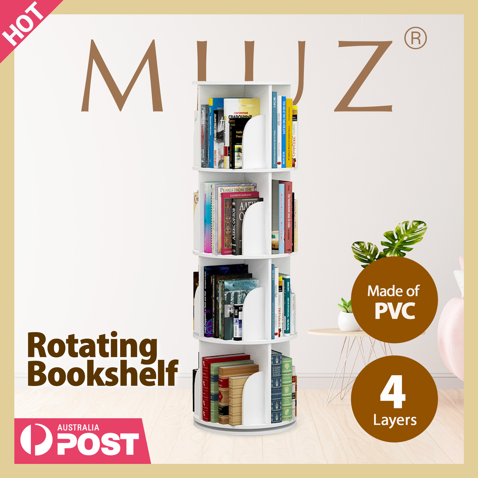Storage Shelf, 360° Rotating Bookshelf, 3 Tier Bookcase with Large