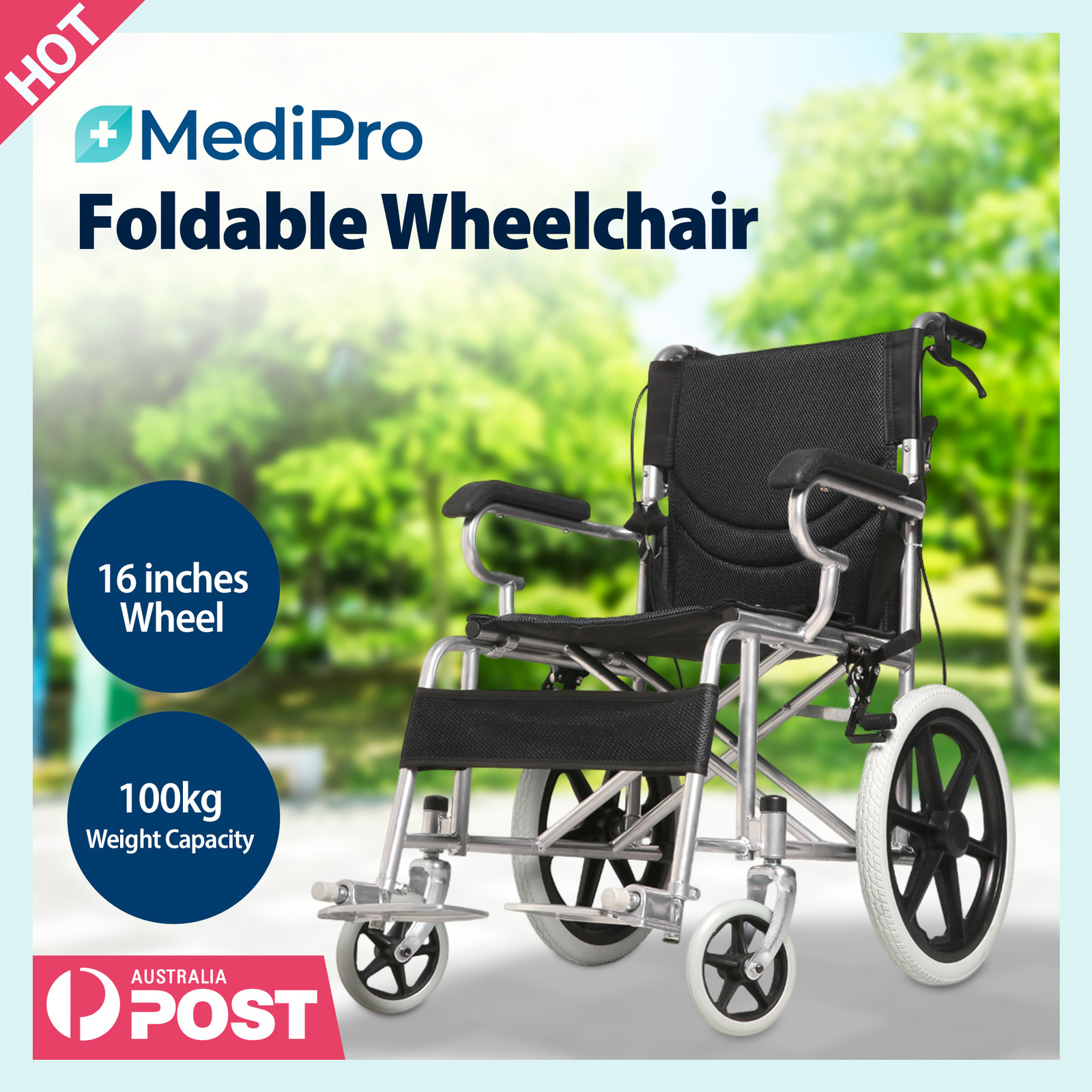 MediPro 16" Foldable Wheelchair Manual Folding Wheel Chair Portable and