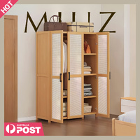 Wooden Wardrobe Closet Cabinet Cupboard Clothes Storage Organiser with Hanging Rod Shelves for Bedroom Apartment Dorm Rental Small Spaces